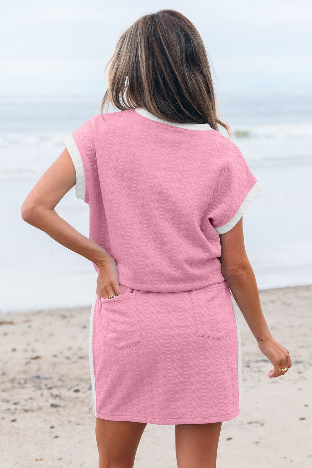 Textured Contrast Trim Crewneck Tee &amp; Pocketed Skirt Set