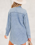 Solid Denim Chest Pocket Raw Hem Shirt Dress