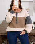 Plus Size Colorblock Waffle Knit Patchwork Half-Button Top