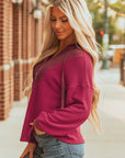 Waffle Patchwork Drop Shoulder Long Sleeve Hooded Top