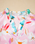 Floral Patchwork Notched Neck Flutter Sleeve Blouse
