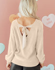 Ribbon Knot Backless Drop Shoulder Ribbed Sweater