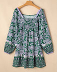 Boho Floral Piping Trim Bubble Sleeve Dress