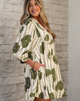 Angie Floral Striped Piping Puff Sleeve Dress