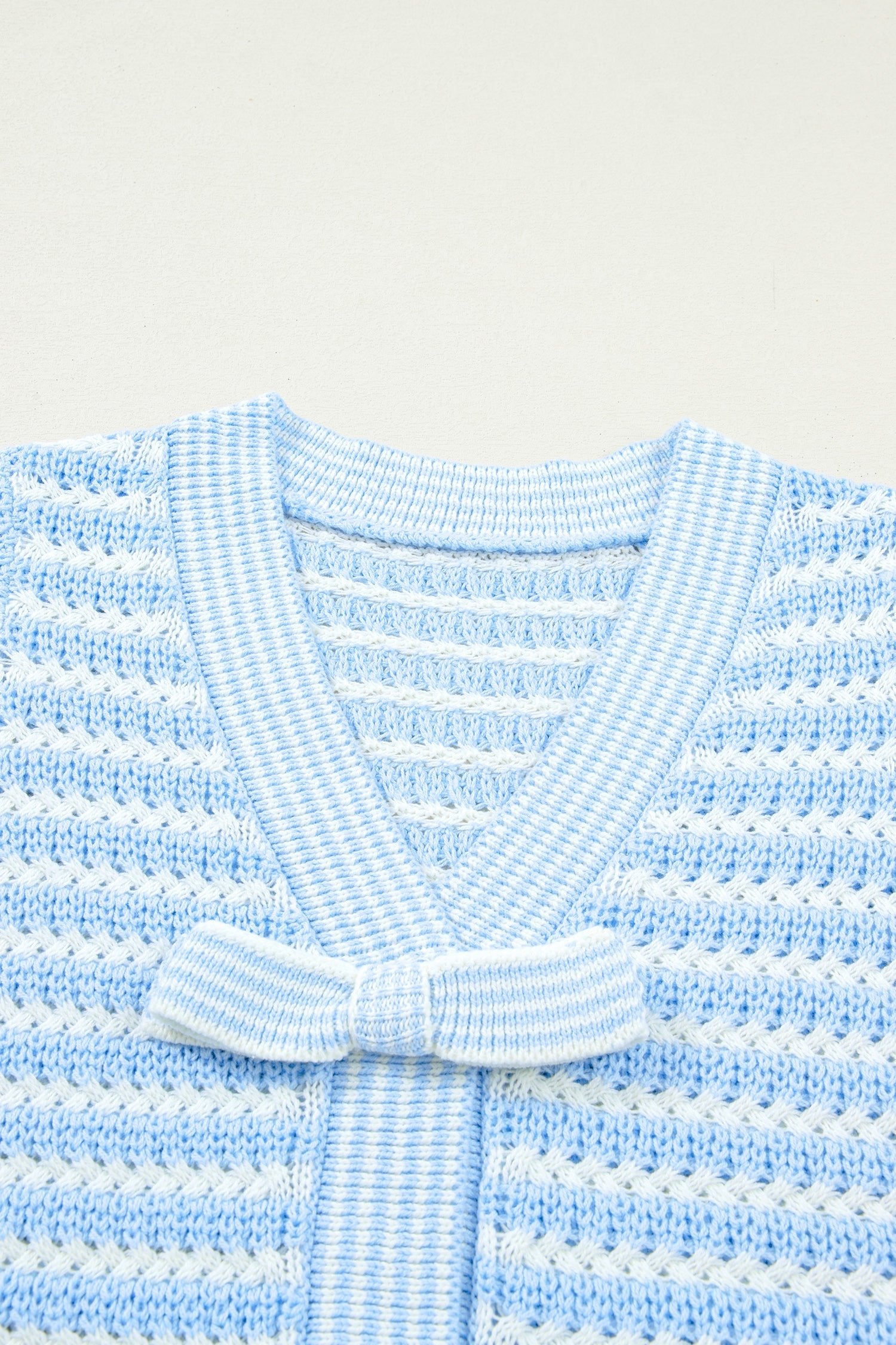 Stripe Bow Tie V-Neck Short Sleeve Sweater