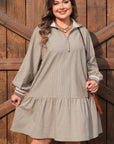 Plus Size Stripe Zip-Up Collared Mini Dress
