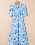 Floral V-Neck Puff Sleeve Flowy Maxi Dress