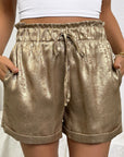 Metallic Tie Elastic Waist Cuffed Hem Shorts