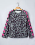 Leopard Varsity Stripe Trim Long Sleeve Top