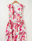 Plus Size Floral Ruffle Sleeve Buttoned Midi Dress