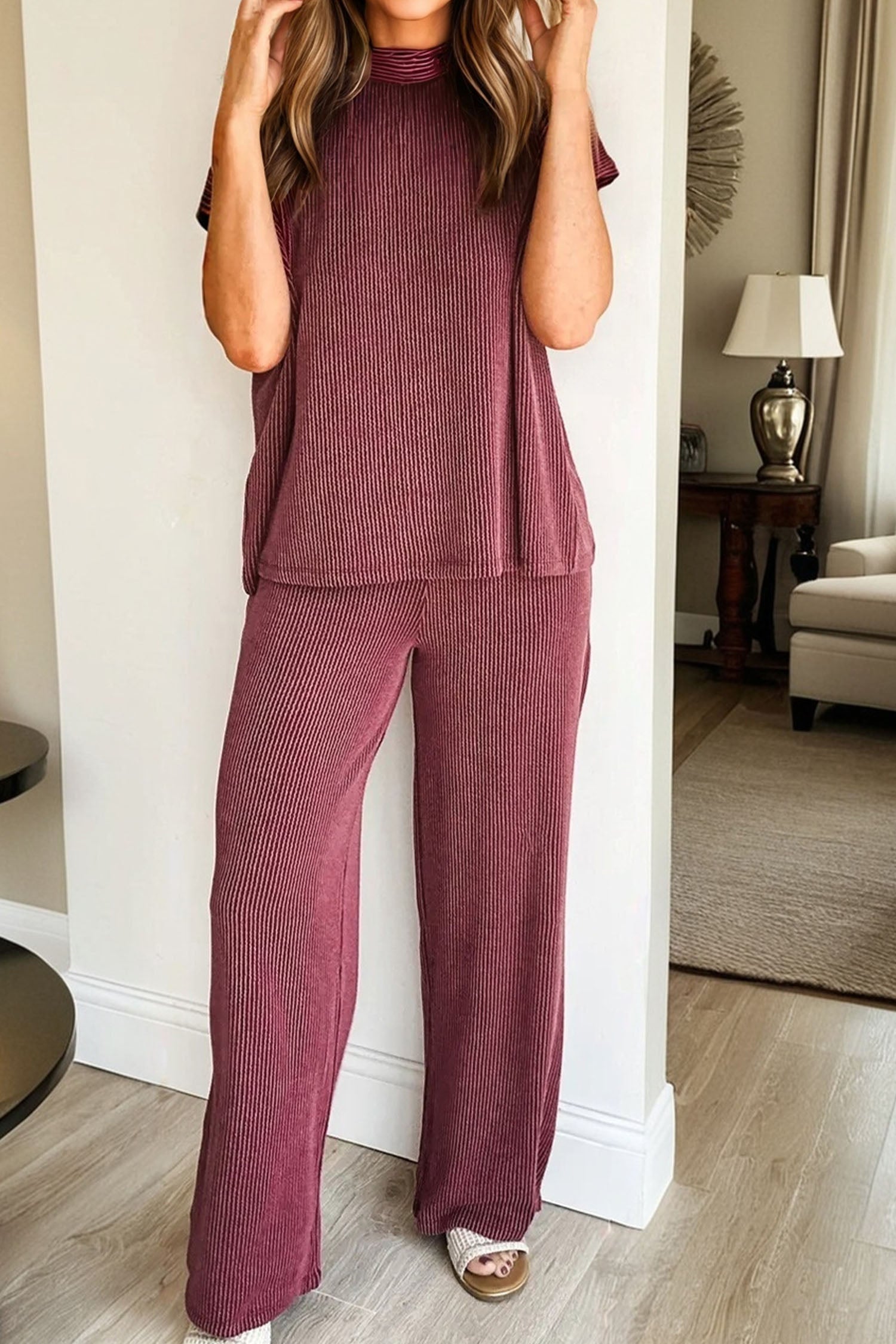 Corded Knit Mock Neck Tee and Pant Set