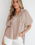 Stripe Shirred V-Neck Short Puff Sleeve Blouse