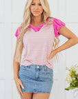 Rosie Stripe Ruffled V Neck Cap Puff Sleeve Top