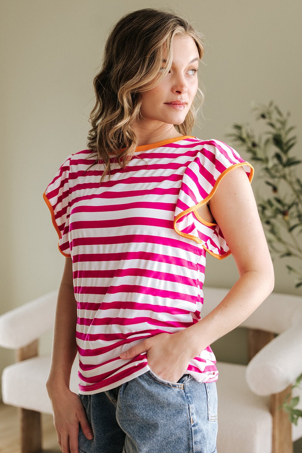 GloriaStriped Ruffle Sleeve Crew Neck Blouse