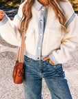 Solid Contrast Trim Buttoned Sherpa Jacket