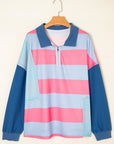 Blue Stripe Colorblock Patchwork Zip up Plus Size Pullover