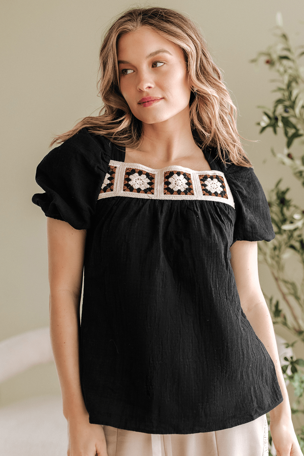 DAVINA CROCHET SQUARE NECK TEXTURED SHORT SLEEVE BLOUSE