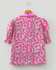 Floral Collared V-Neck Puff Sleeve Top