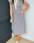 Stripe Ruffle Short Sleeve Contrast Trim Midi Dress