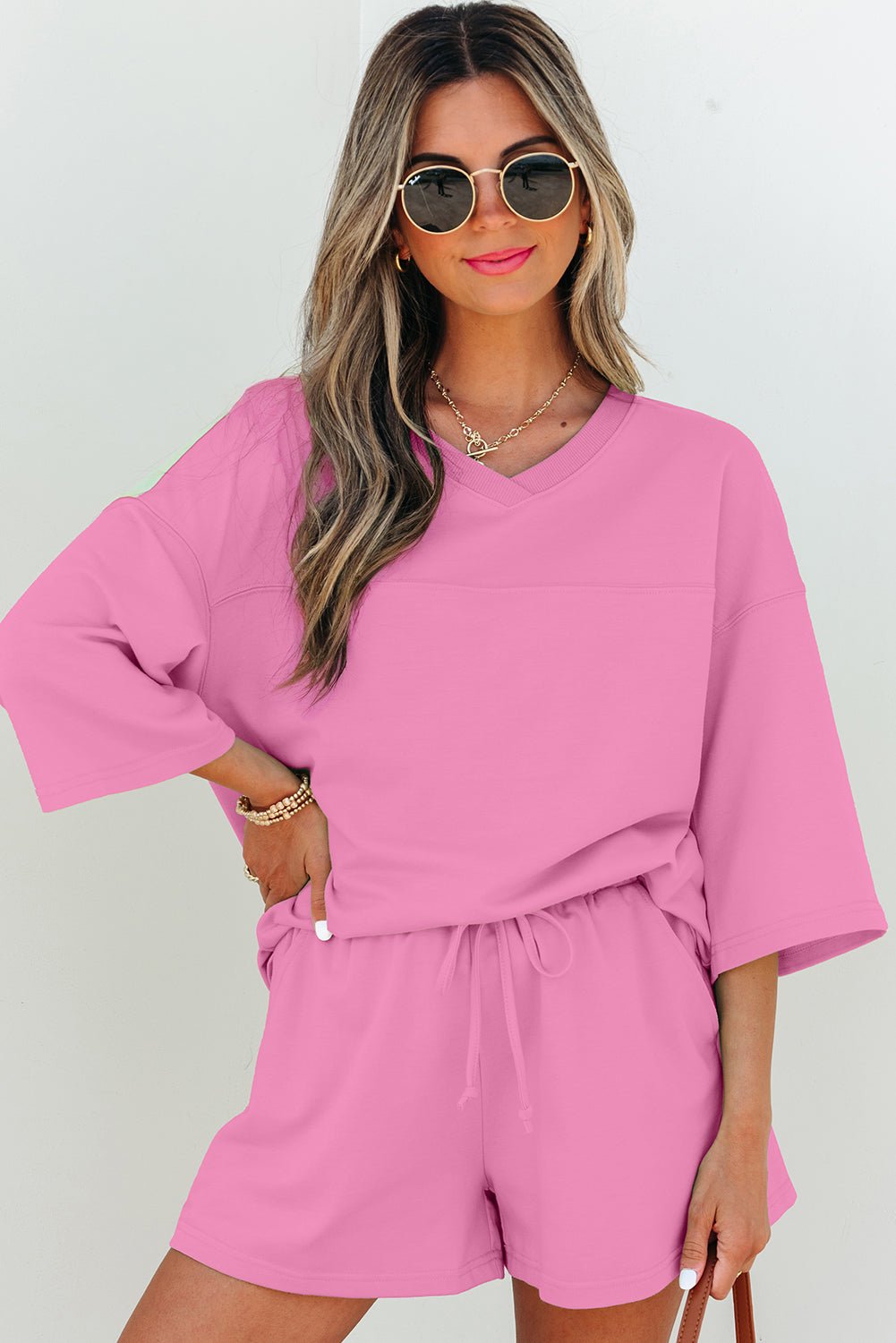 Solid Loose V-Neck Tee &amp; Drawstring Shorts Set