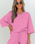 Solid Loose V-Neck Tee & Drawstring Shorts Set