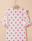 Polka Dot Shirred Notched Neck Balloon Sleeve Blouse
