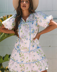 Floral Stripe Contrast Tie Split Neck Mini Dress