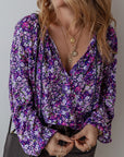 Boho Flower V-Neck Bubble Sleeve Top
