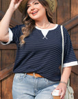 Plus Size Stripe Contrast Trim Ribbed T-Shirt