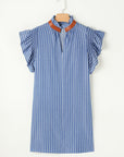 Stripe Frilly Neck Shirred Ruffle Sleeve Mini Dress