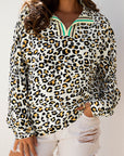 Leopard Contrast Stripe V-Neck Long Sleeve Blouse
