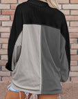 Colorblock Collared Ribbed Patchwork Pocketed Sweatshirt