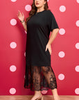 Plus Size Lace Hem Patchwork T-Shirt Midi Dress
