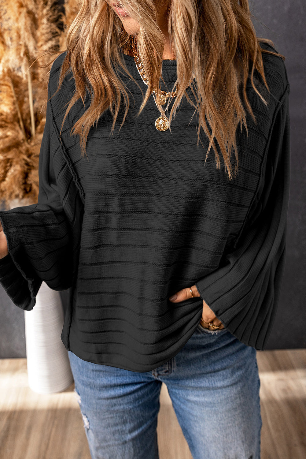 Ribbed Knit Reverse Seam 3/4 Sleeve Sweater