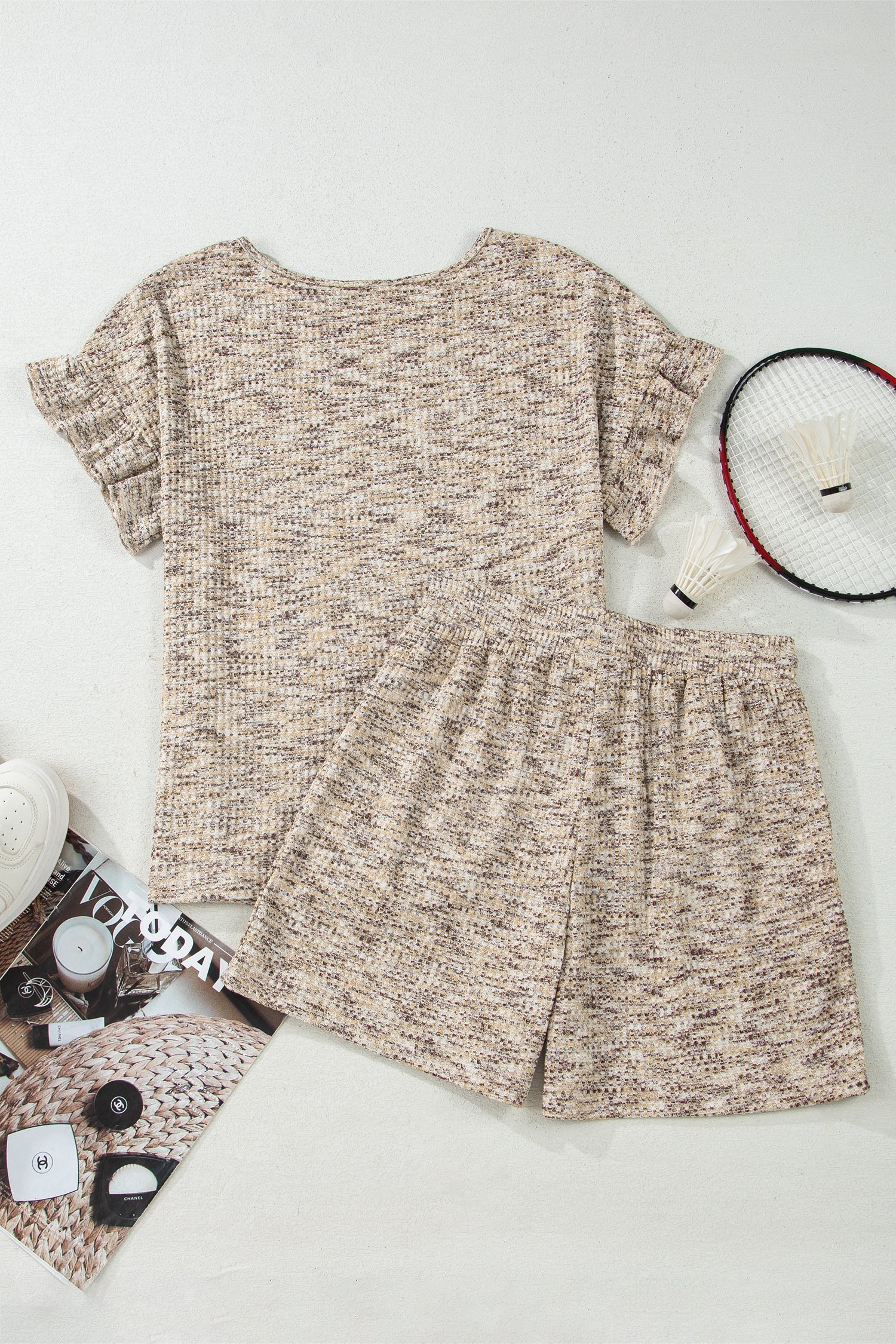 Heather Textured Ruffle Sleeve Top &amp; Drawstring Shorts Set