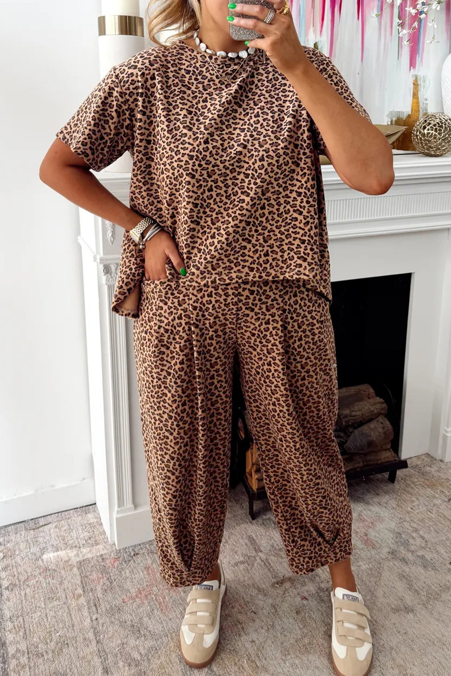 Leopard Loose Tee &amp; Drawstring Waist Pants Set