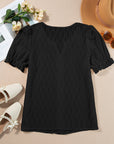 Solid Textured Notch Neck Puff Sleeve Blouse