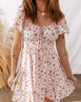 Floral Front Tie Shirred Waist Ruffle Mini Dress