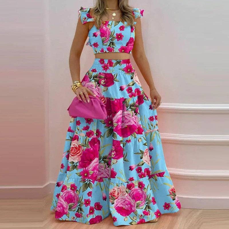 Printed Strappy Top Flared Skirt Set