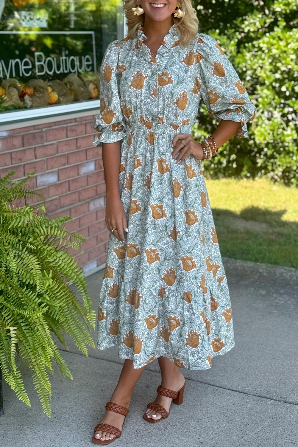 Floral Frilled V-Neck 3/4 Sleeve Midi Dress