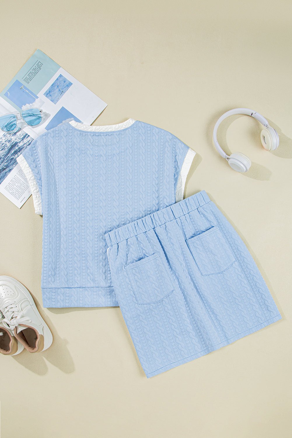 Textured Contrast Trim Crewneck Tee &amp; Pocketed Skirt Set