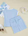 Textured Contrast Trim Crewneck Tee & Pocketed Skirt Set