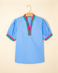 Contrast Stripe V-Neck Short Puff Sleeve Blouse