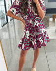 Floral Short Puff Sleeve Belted Mini Dress