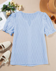 Solid Textured Notch Neck Puff Sleeve Blouse
