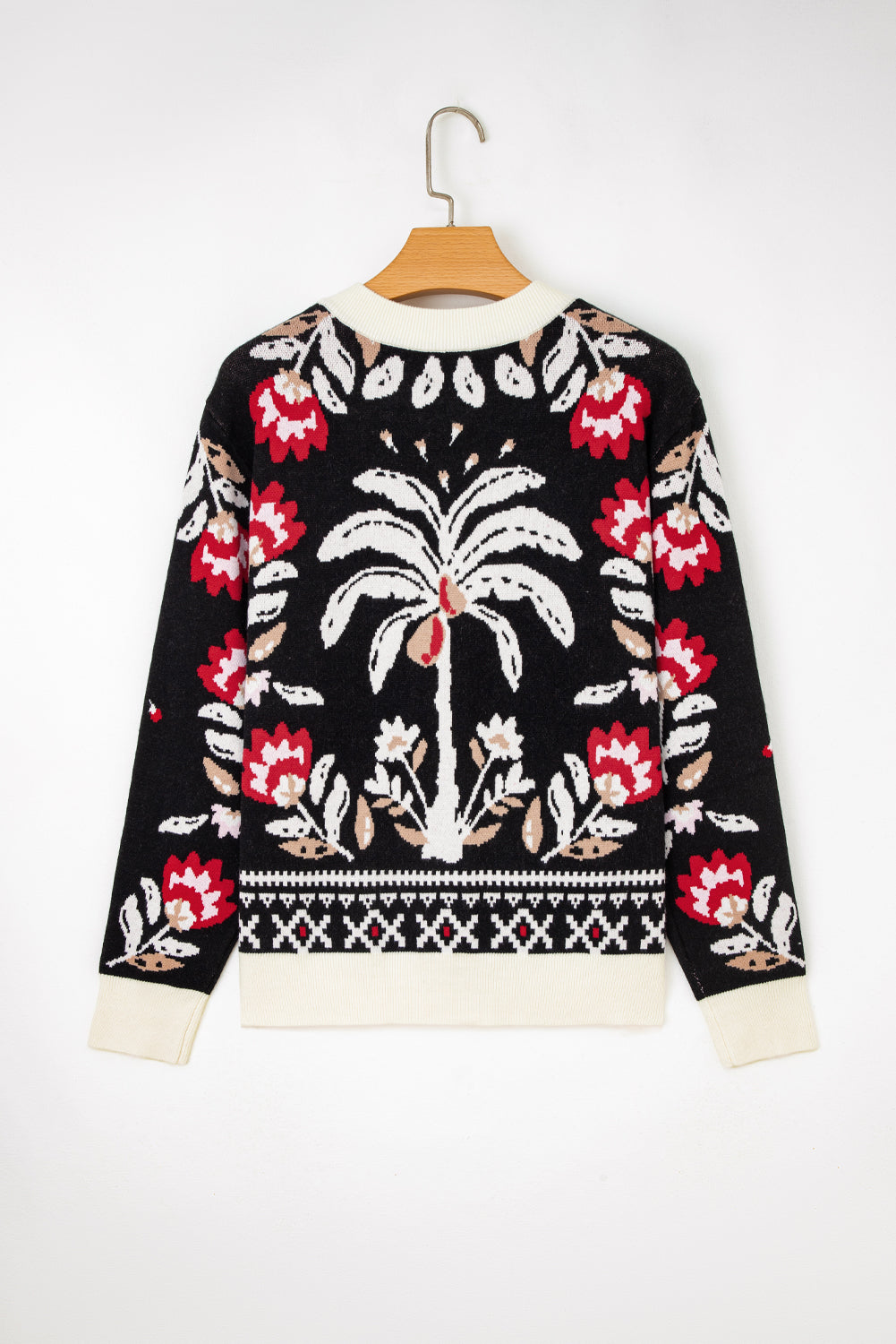 Floral Knit Button-Front V-Neck Cardigan