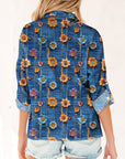 Floral Patchwork Long Sleeve Collared V-Neck Blouse