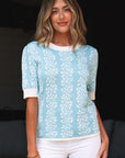 Floral Contrast Crewneck Short Sleeve Sweater