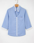 Dotted Denim Lace Trim Collared V-Neck Blouse