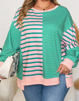Green Stripe Color Block Exposed Seam Side Slit Plus Size Sweatshirt